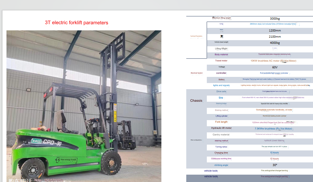 CPD-30 electric forklift reference specifications